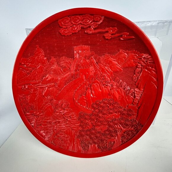Vintage Chinese Red Cinnabar Hand Carved Wood Plate Landscape 10" - Picture 2 of 10